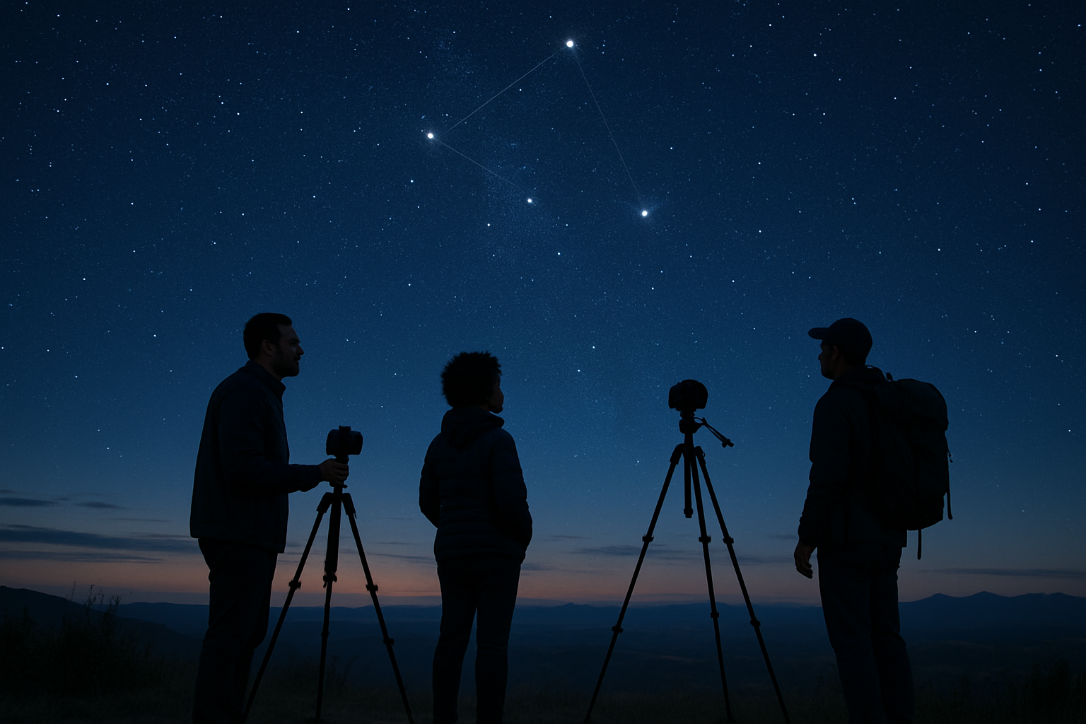 Small group of astrophotographers photographing the Summer Triangle from a twilight overlook after the solstice