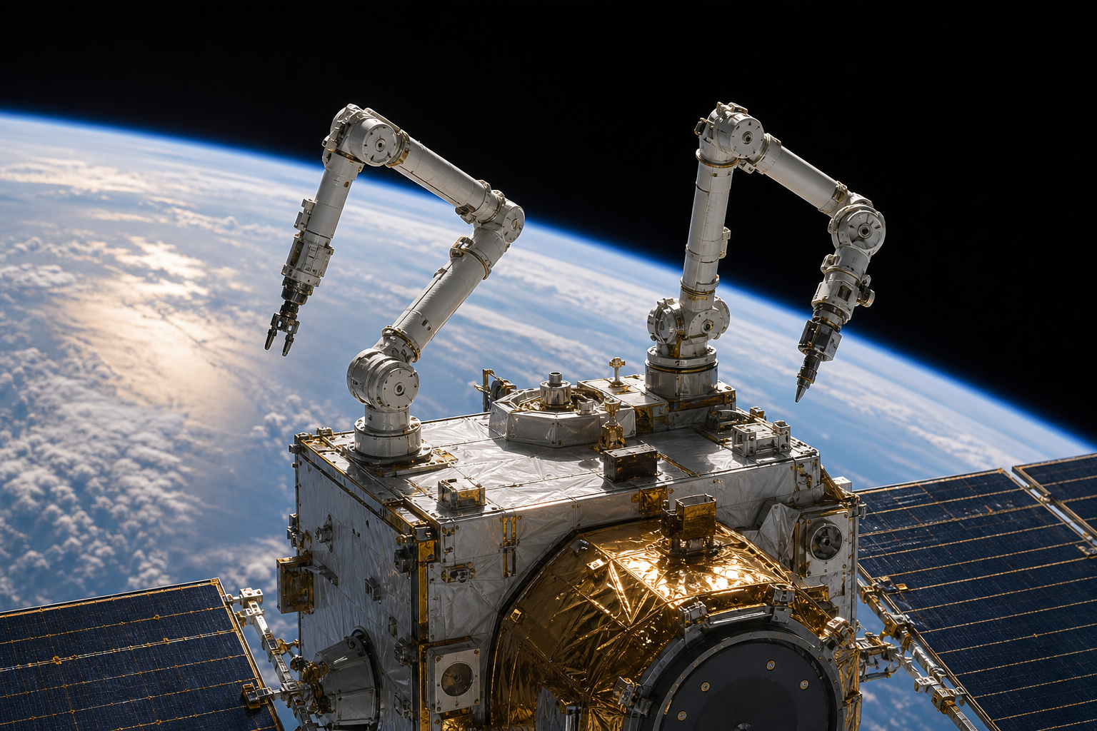 Two seven-joint robotic servicing arms with interchangeable tool tips on an orbital vehicle