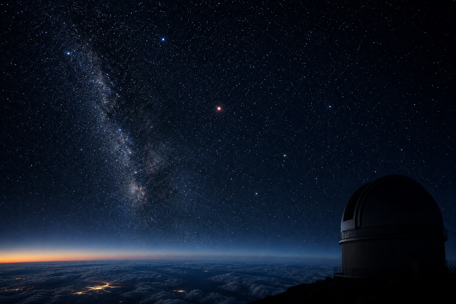 A distant observatory beneath a star-filled sky, representing indirect study of remote worlds.