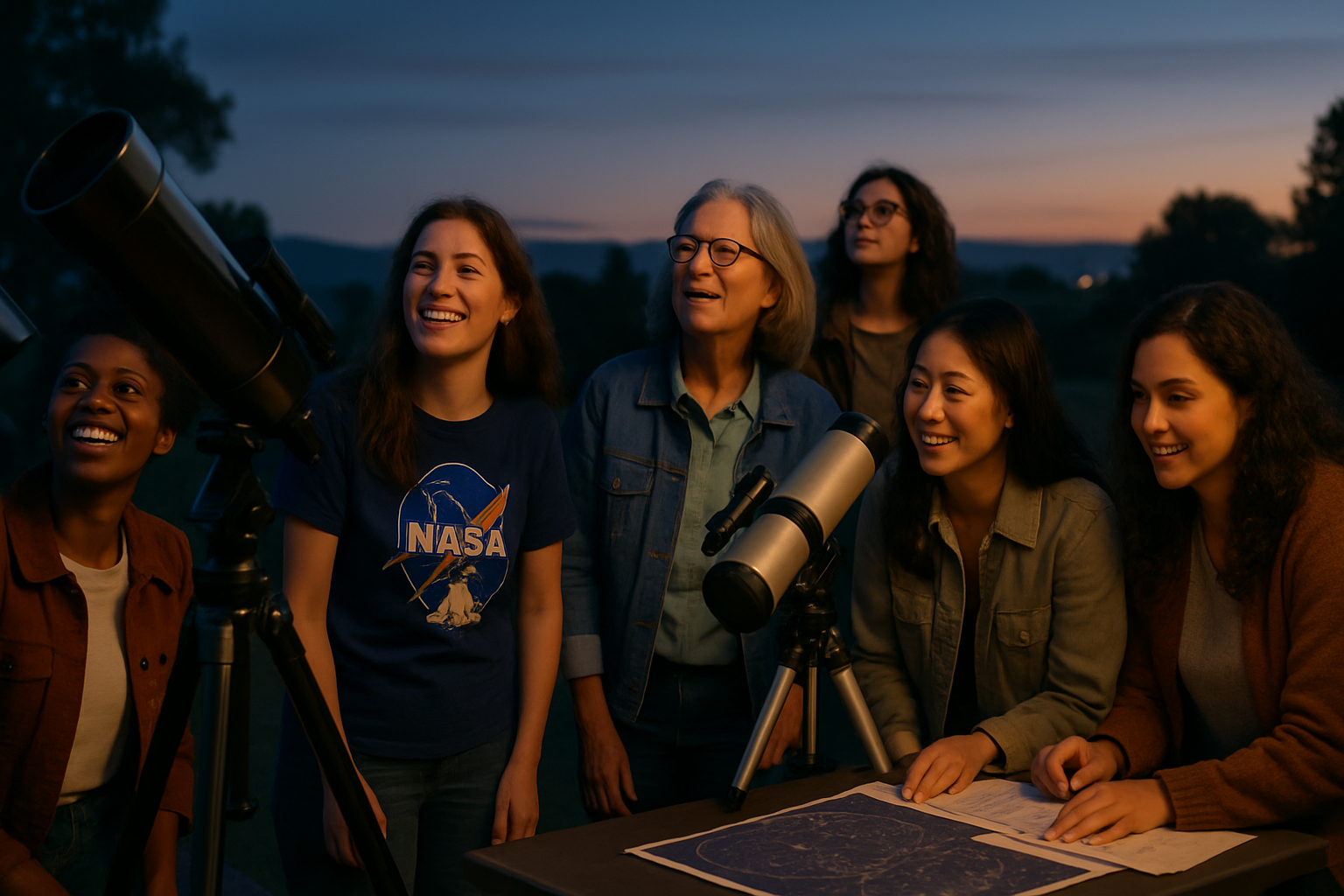 Diverse group of women and friends at a public observatory sharing telescopes under a starry evening sky, inspired by Sally Ride's legacy