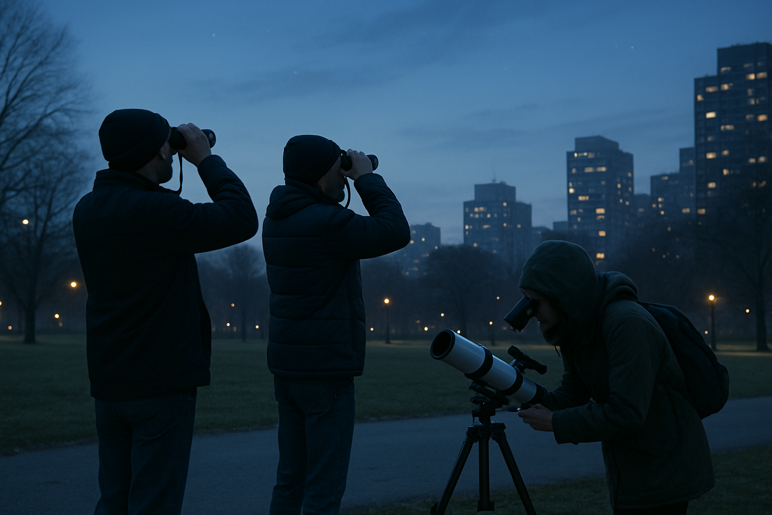 Observers in a city park checking a low eastern horizon just before sunrise
