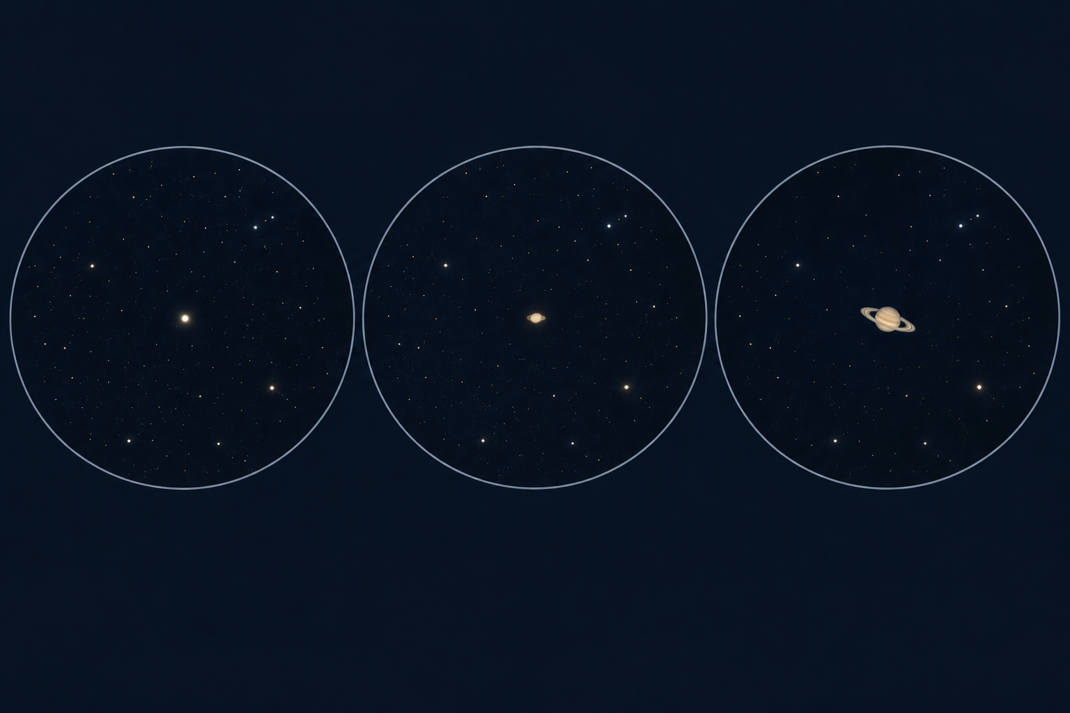 Three realistic views of Saturn: unaided eye, binoculars, and a small telescope