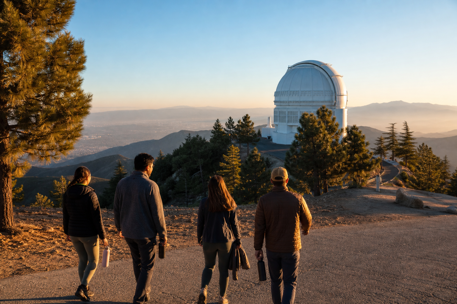 Four adult friends arriving at a historic observatory in the San Gabriel Mountains at golden hour
