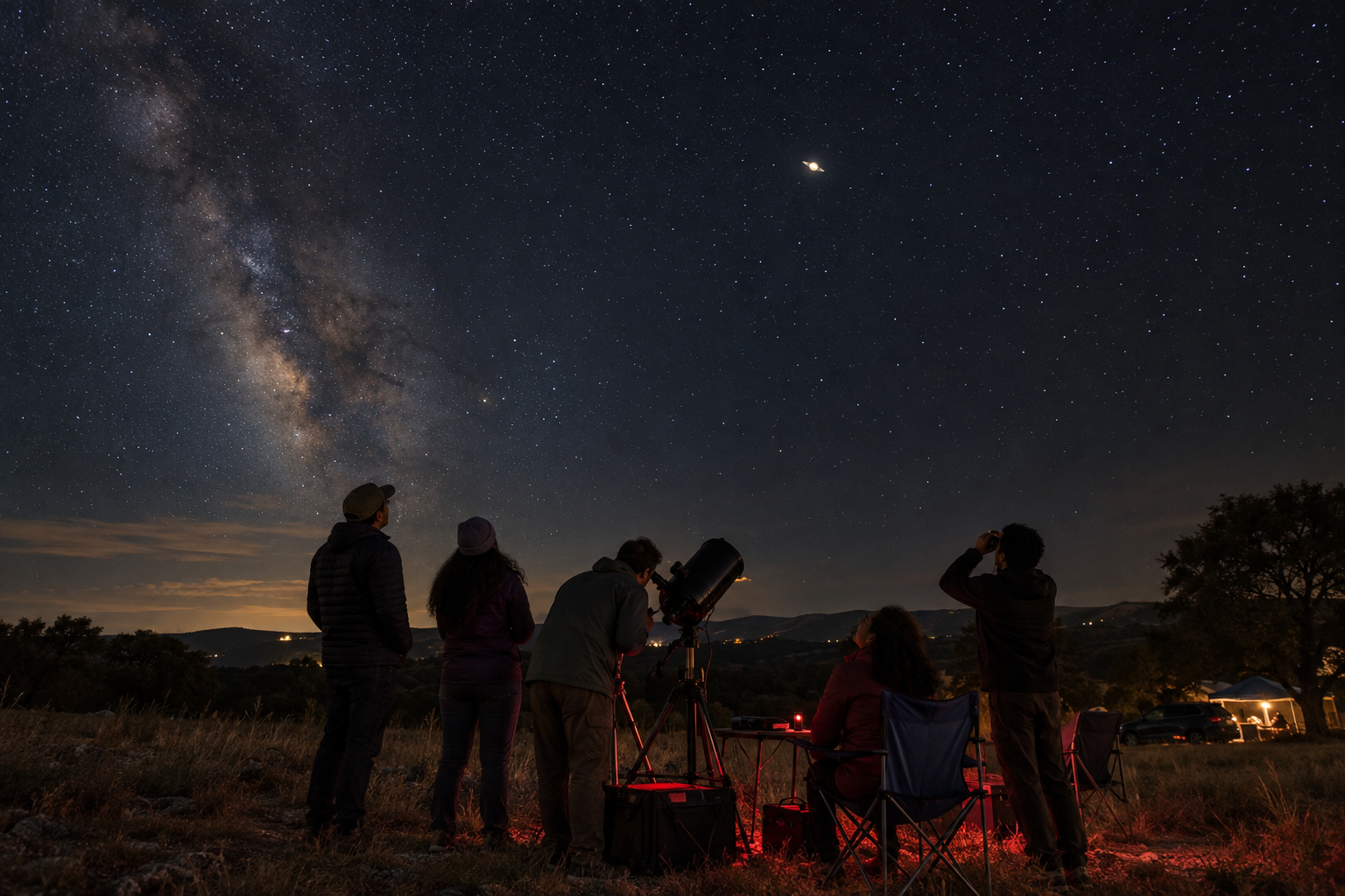 Five adult friends sharing a telescope and binoculars at a Texas hill-country star party beneath an indigo night sky.