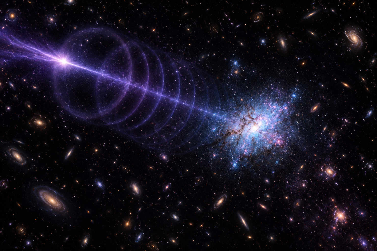 Original editorial illustration of a fast radio burst crossing deep space toward a compact blue dwarf galaxy.