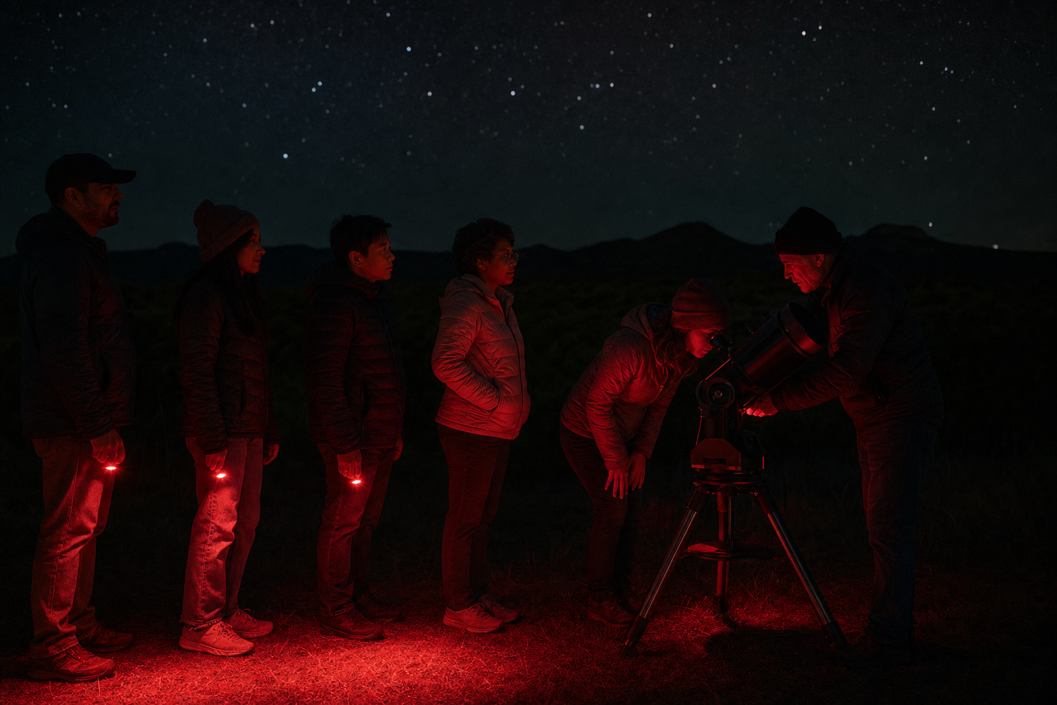 Visitors wait quietly at a telescope while a volunteer helps a newcomer observe using only red light.
