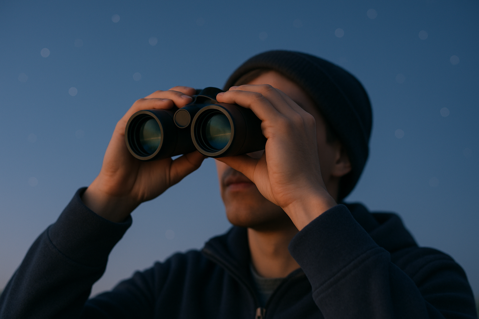 Beginner stargazer holding compact binoculars under an evening sky