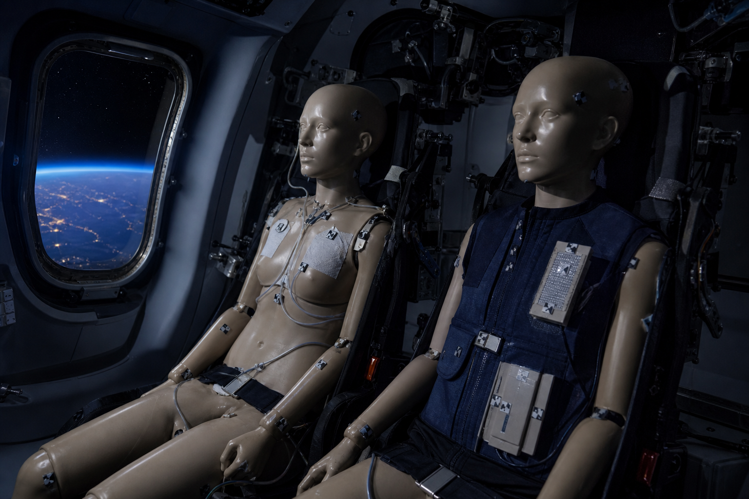Two adult-female research phantoms seated inside a spacecraft cabin, one wearing a dark blue selective radiation-protection vest