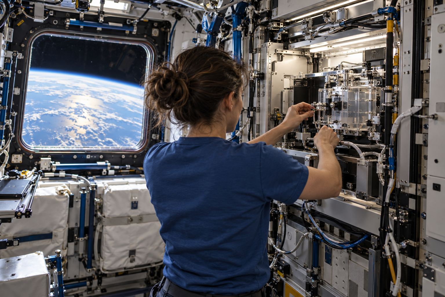 Astronaut working at a science rack inside the International Space Station with Earth visible through a window