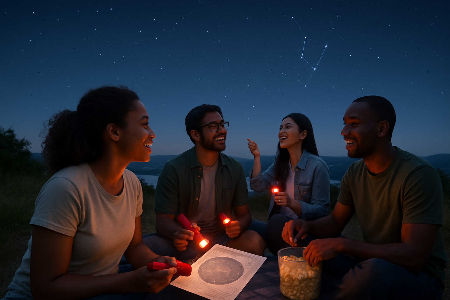 A diverse group of friends at a summer overlook sharing snacks, red flashlights, and a simple sky map