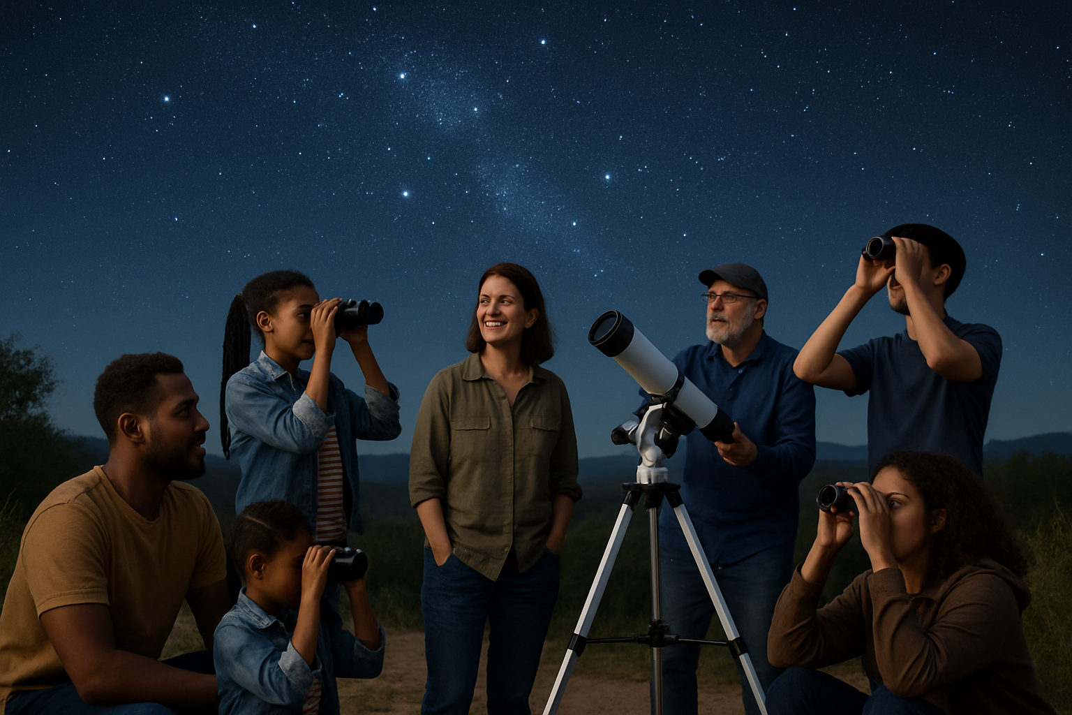 Summer Triangle rising above a group of amateur stargazers on a summer night