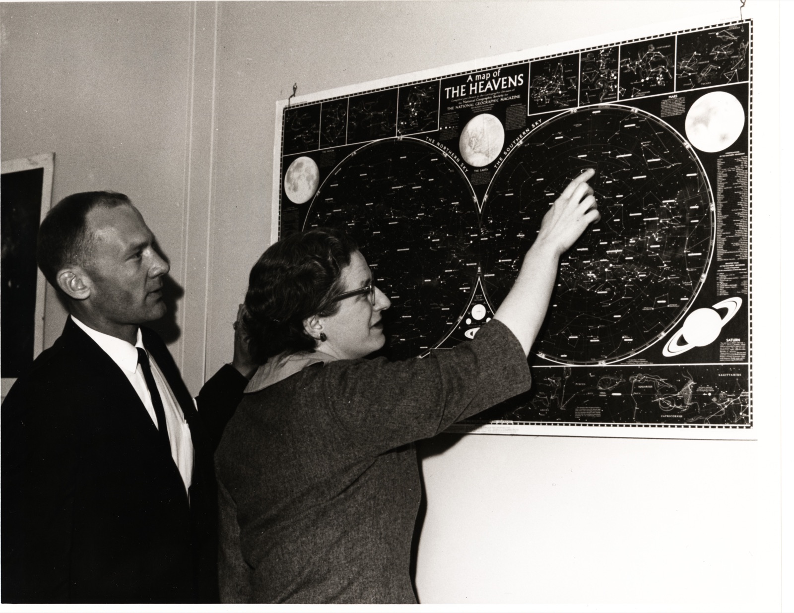Nancy Grace Roman briefing Buzz Aldrin with a sky map in 1965