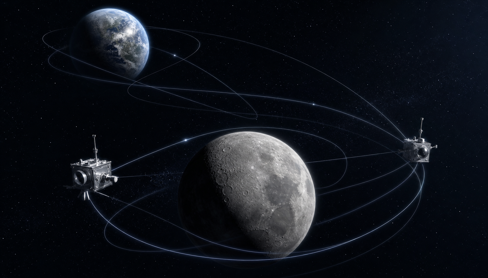 Twin spacecraft following complex paths shaped by Earth and Moon gravity
