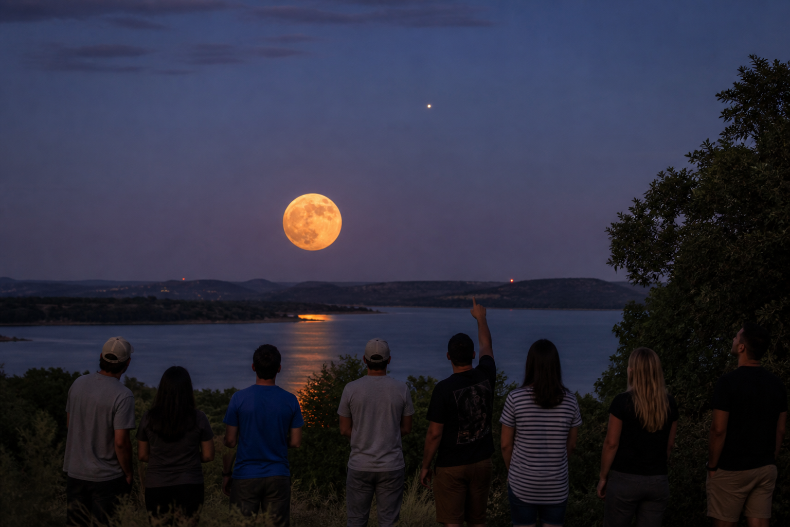 A community group watches the Harvest Moon rise near Saturn over a Texas lake