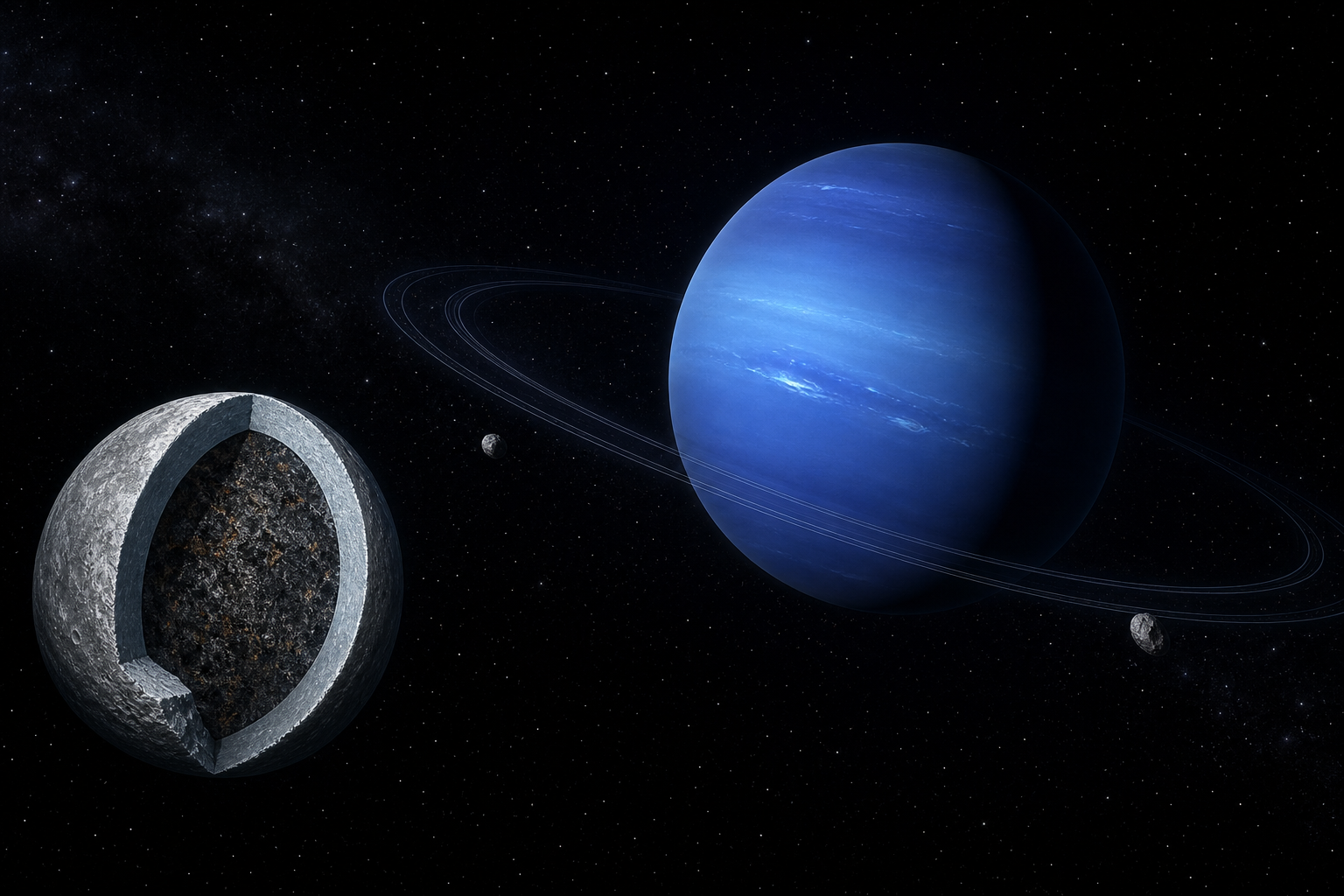 Editorial visualization of Neptune’s rings and interior material from an ancient icy moon