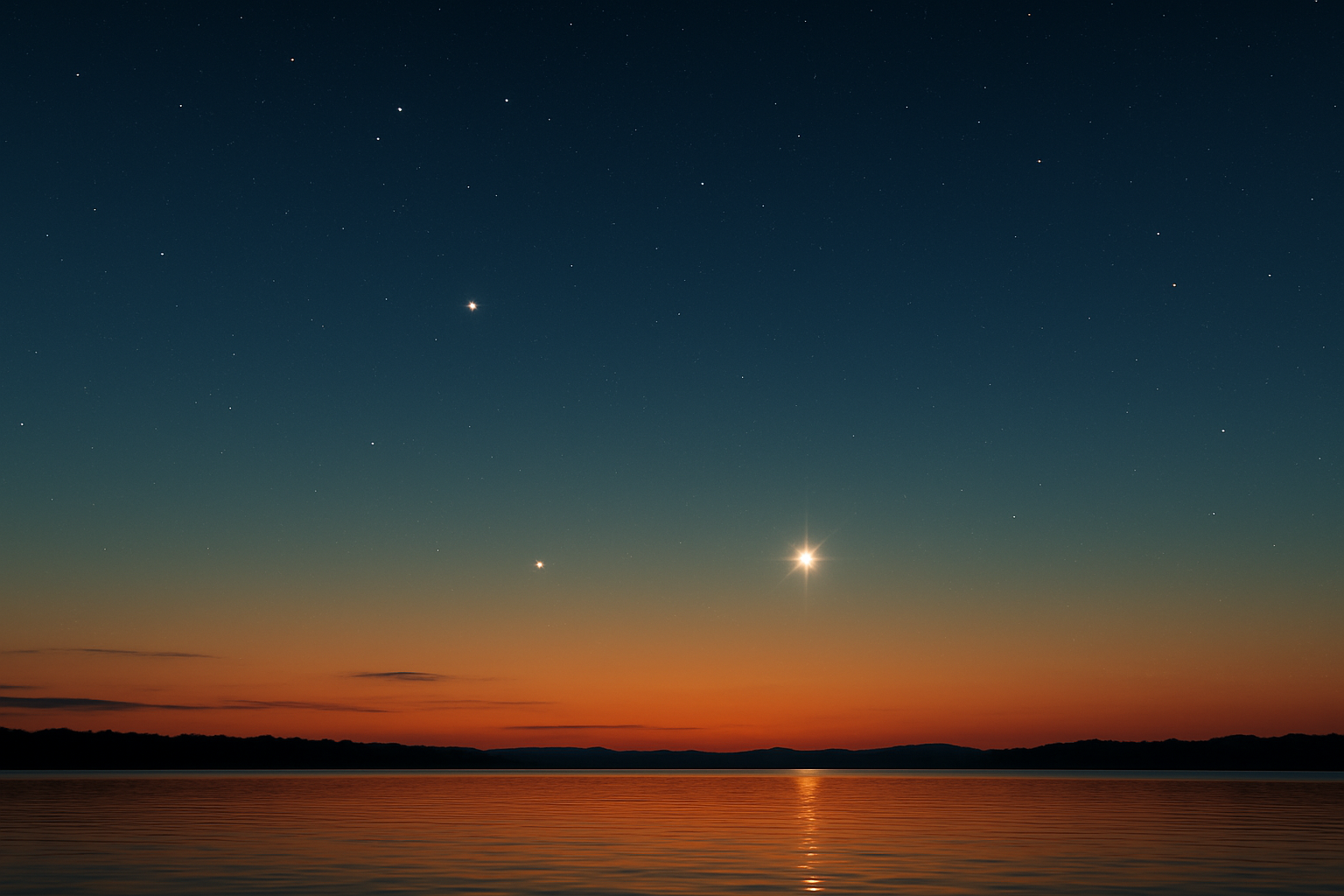 A west-facing twilight sky above calm water with bright Venus, Jupiter, and dimmer Mercury spaced above the horizon