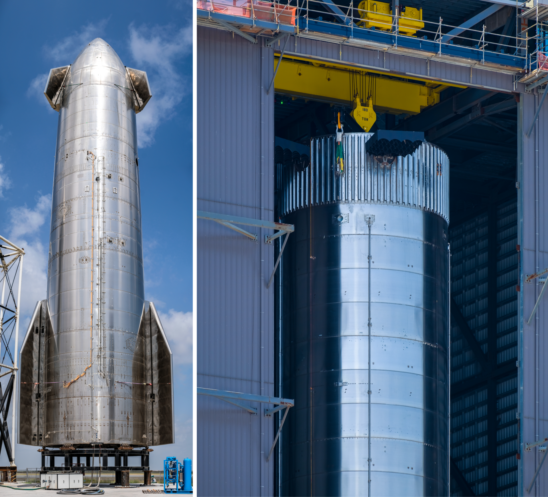 Starship SN16 and a Super Heavy booster inside SpaceX's High Bay at Starbase