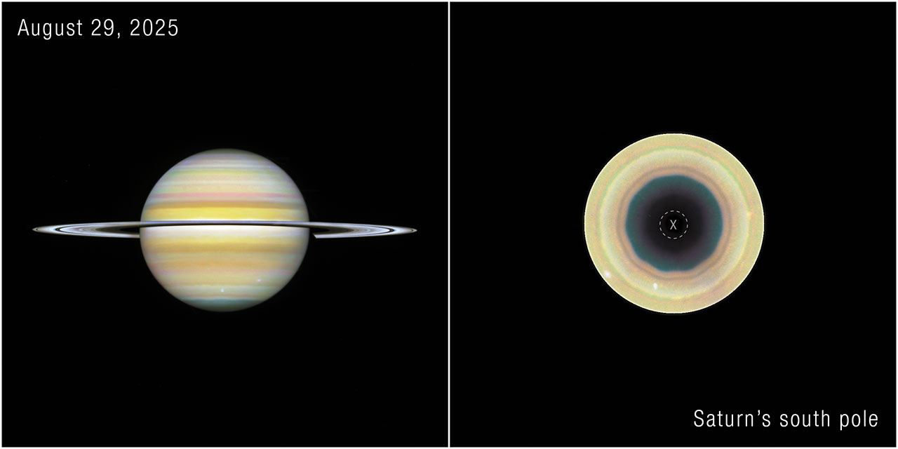 NASA Hubble color view of Saturn alongside its south pole, where a 10-sided atmospheric wave is outlined