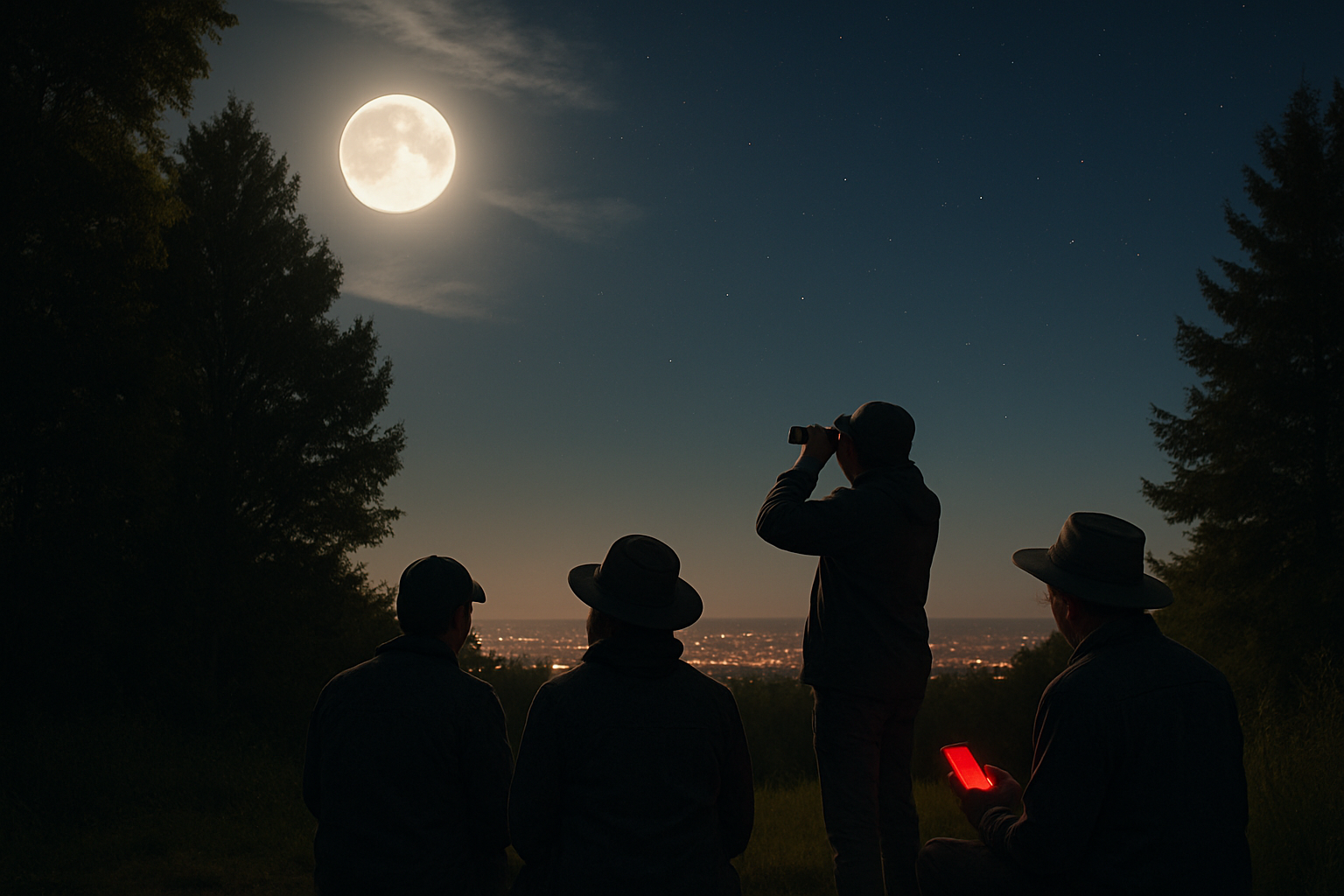 A small group of skywatchers near a city edge using trees and hats to block bright moonlight