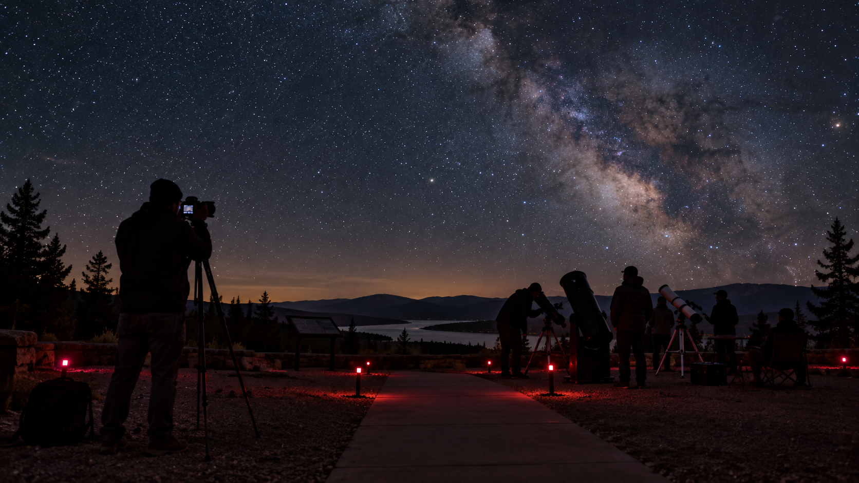 A photographer works quietly from outside a shared telescope line at a public star party.