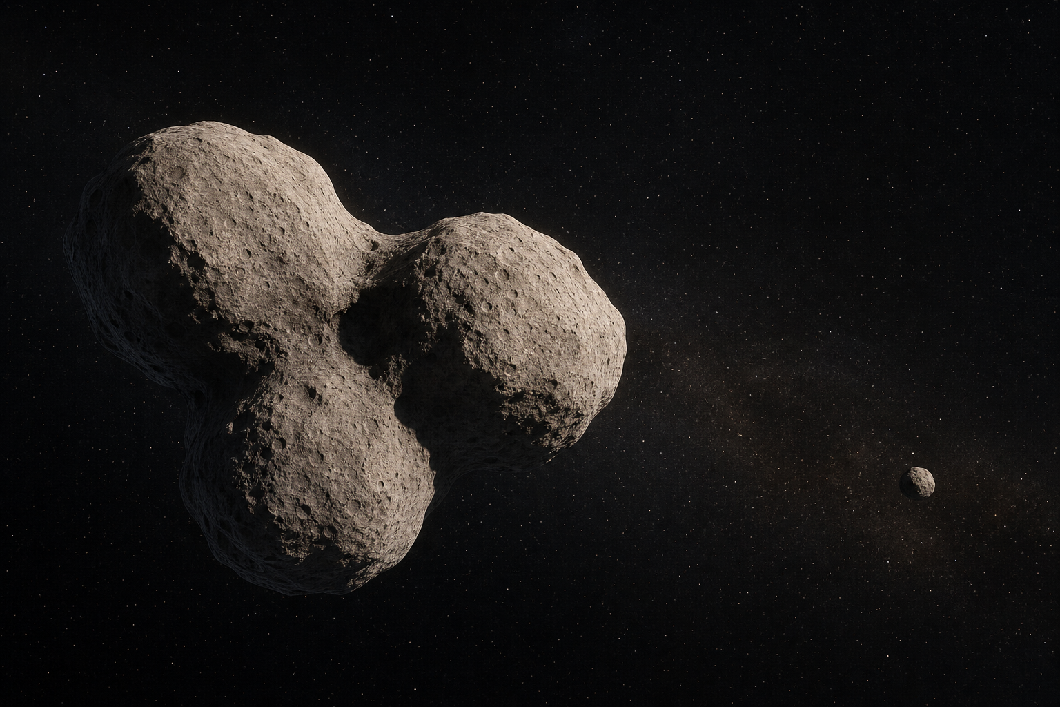 Editorial visualization of possible three-lobed asteroid 44 Nysa with a small companion moon
