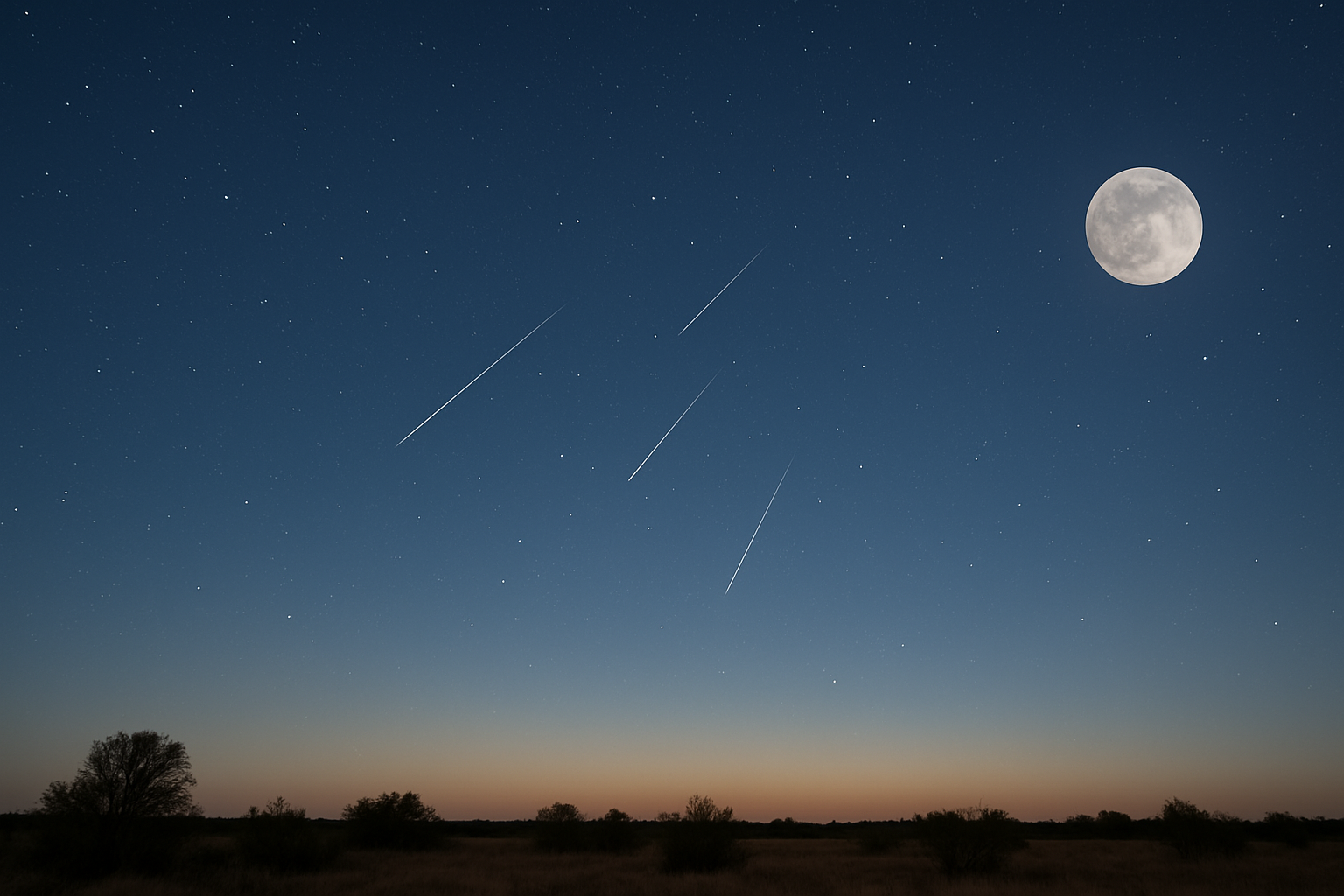 Eta Aquariid meteors radiating from Aquarius in a moonlit pre-dawn sky.