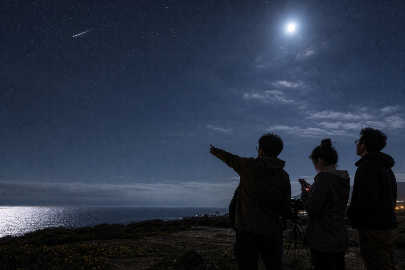 Three friends checking a moonlit southern sky before dawn from a coastal overlook