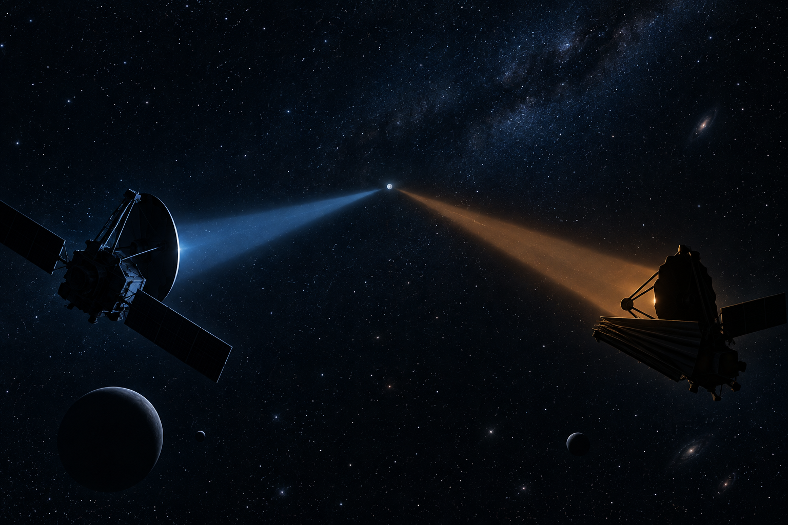 Conceptual illustration of two observatories studying the same faint distant point