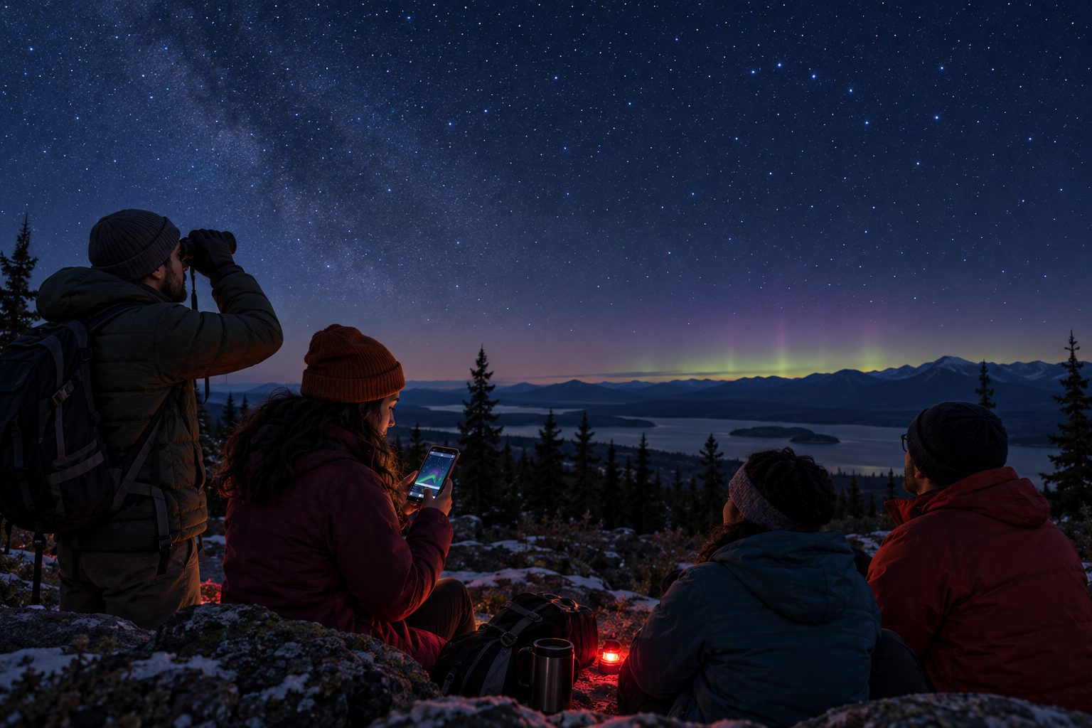 Friends checking a forecast and sharing a careful night-sky watch