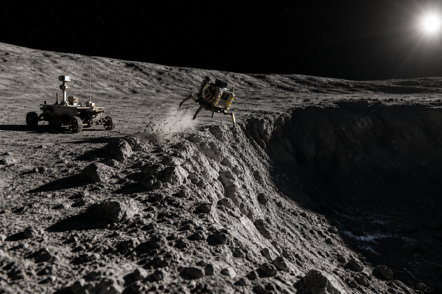 A hopping lunar probe crossing a rough crater rim while a rover remains on flatter ground
