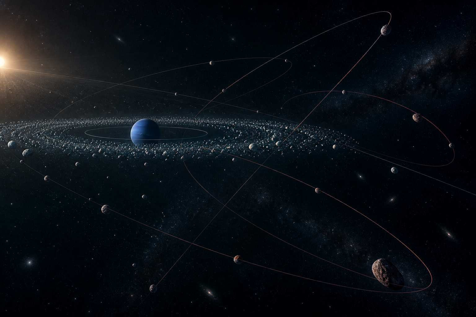 Conceptual view of a calmer outer belt and scattered tilted outer-Solar-System paths