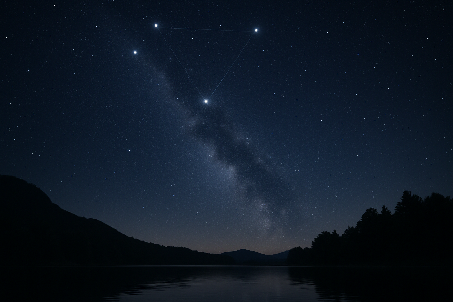 Wide-field night-sky photo with Vega, Deneb, and Altair above a calm foreground after astronomical darkness settles in