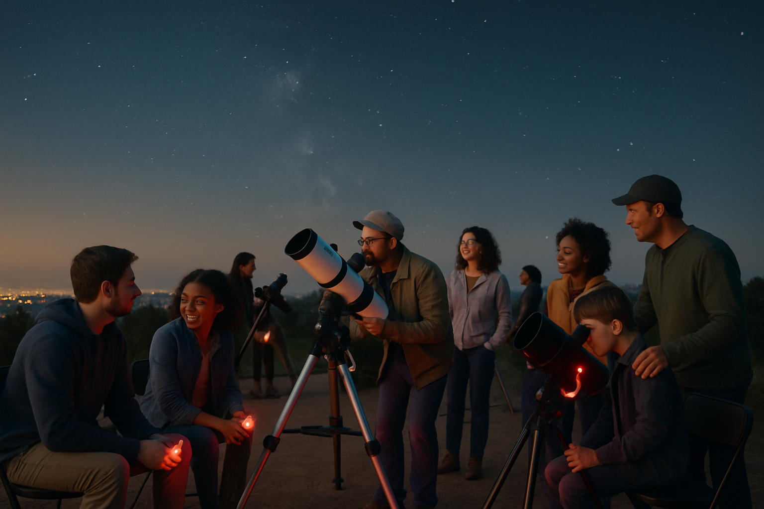 Portable telescopes and red flashlights at a public summer star party