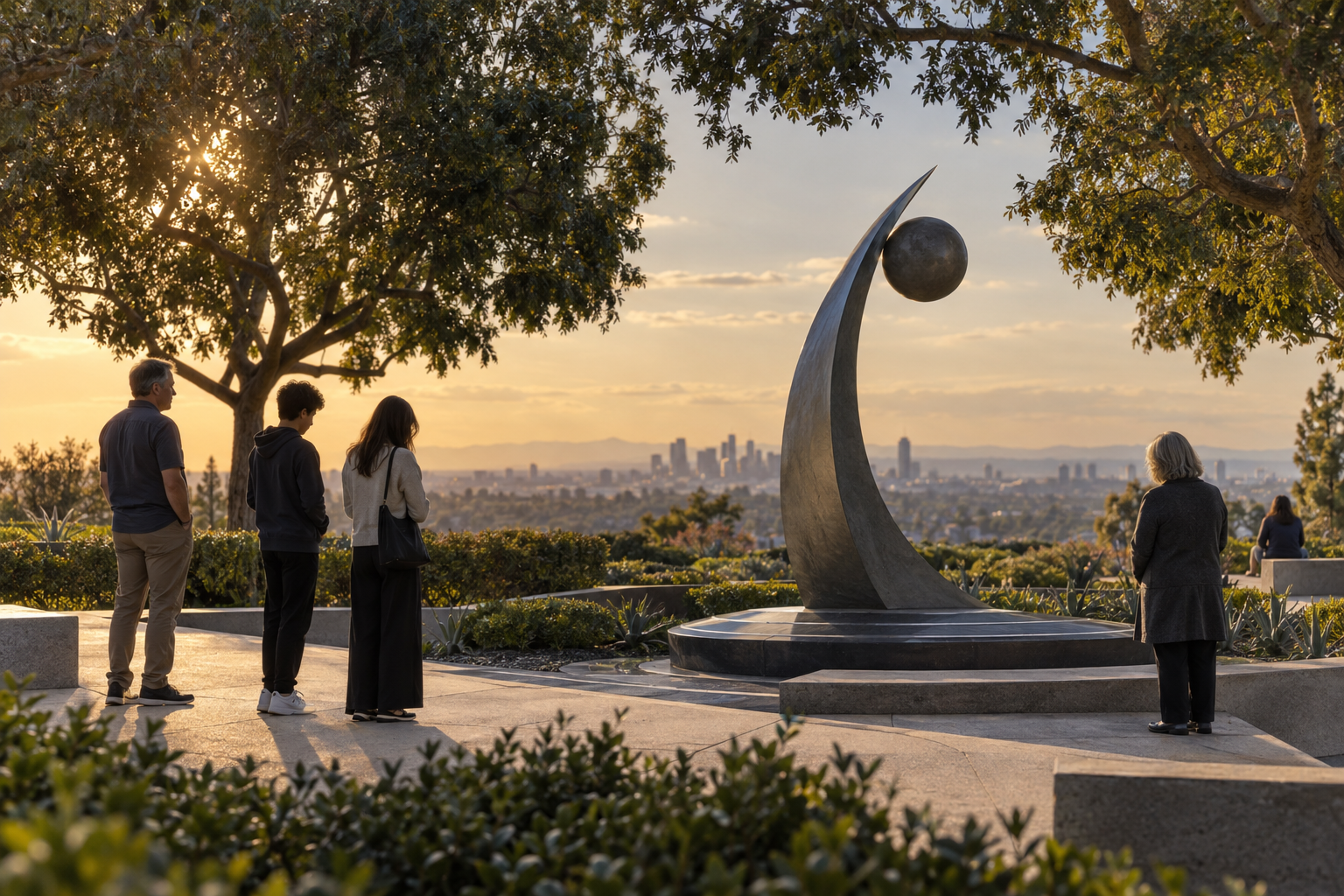 Visitors pause beside an abstract spaceflight memorial in a quiet civic garden