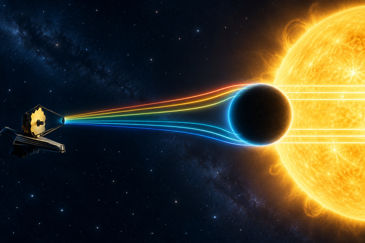 Illustration of JWST measuring starlight filtered through an exoplanet atmosphere during transit