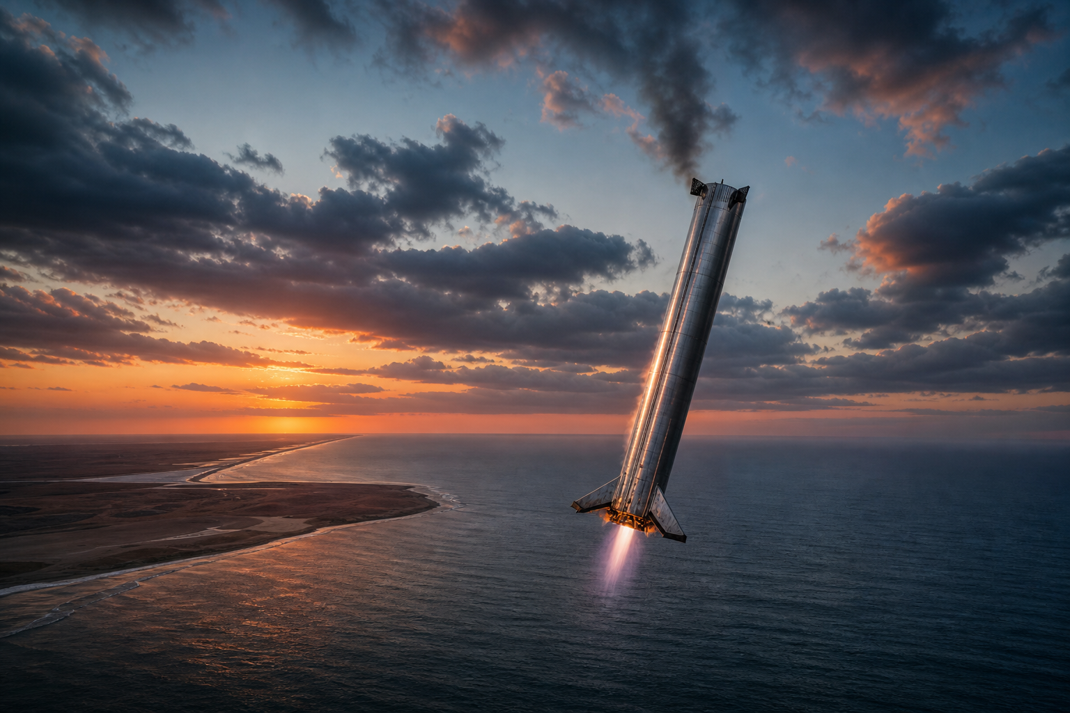 Heavy-lift booster descending over water after a flyback anomaly