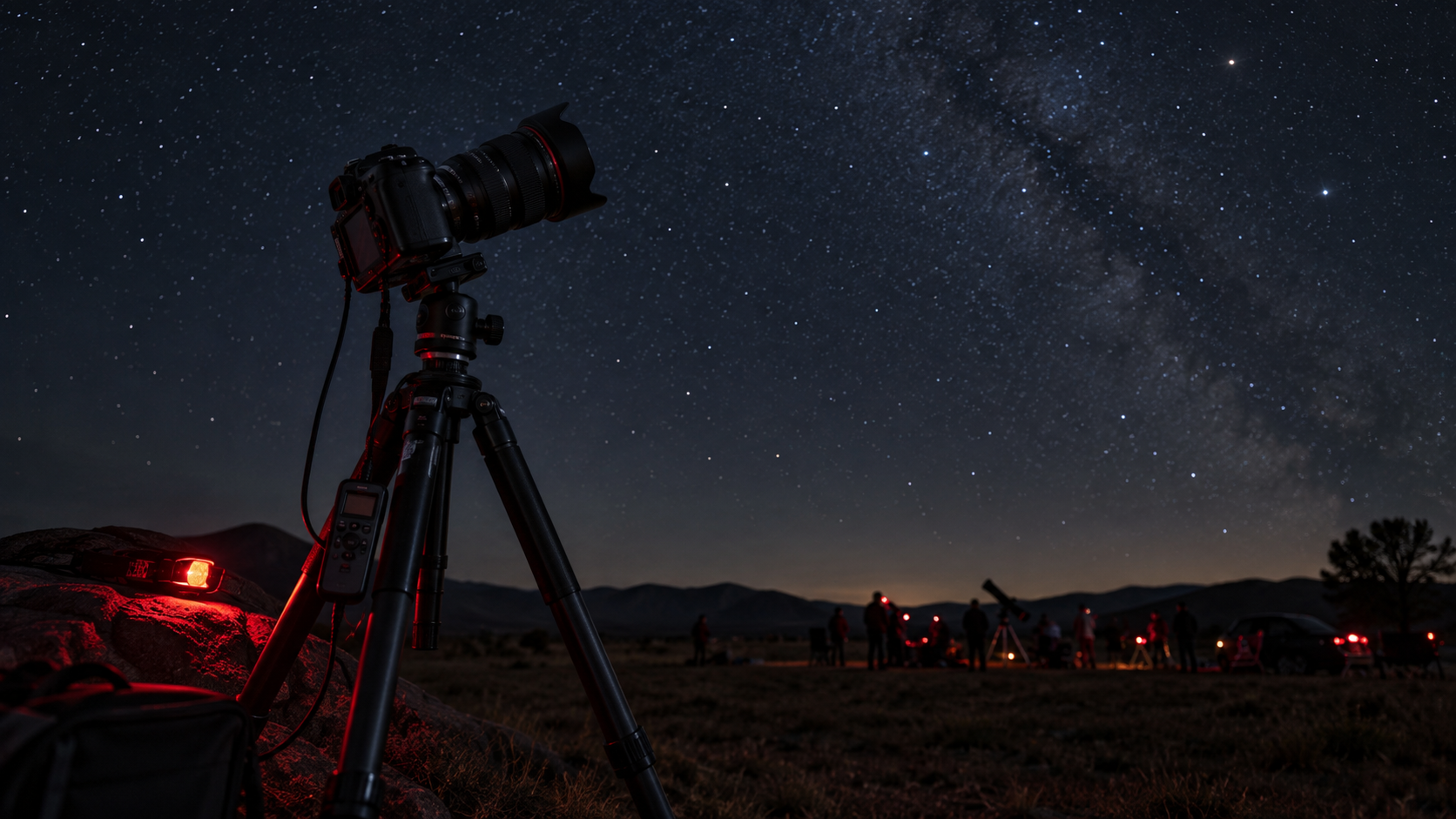 A stable camera and dim red light sit apart from a quiet group of public star-party observers.