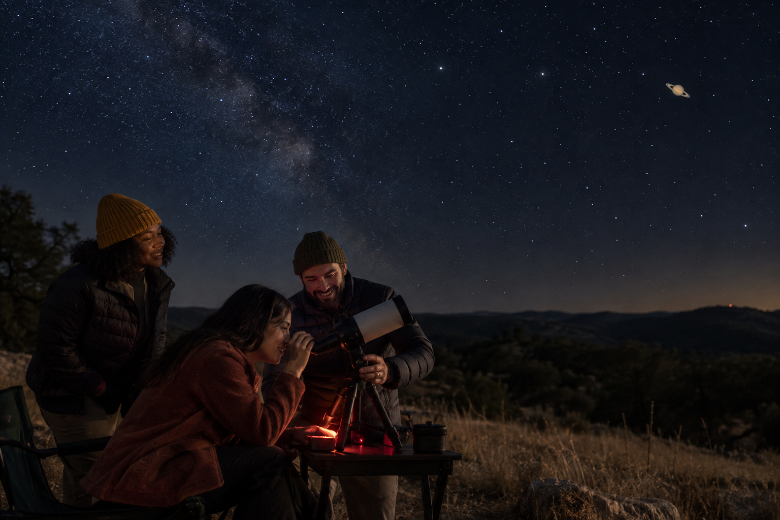 Three adult friends share a compact telescope during a Texas night observing session with Saturn visible as a small ringed planet.