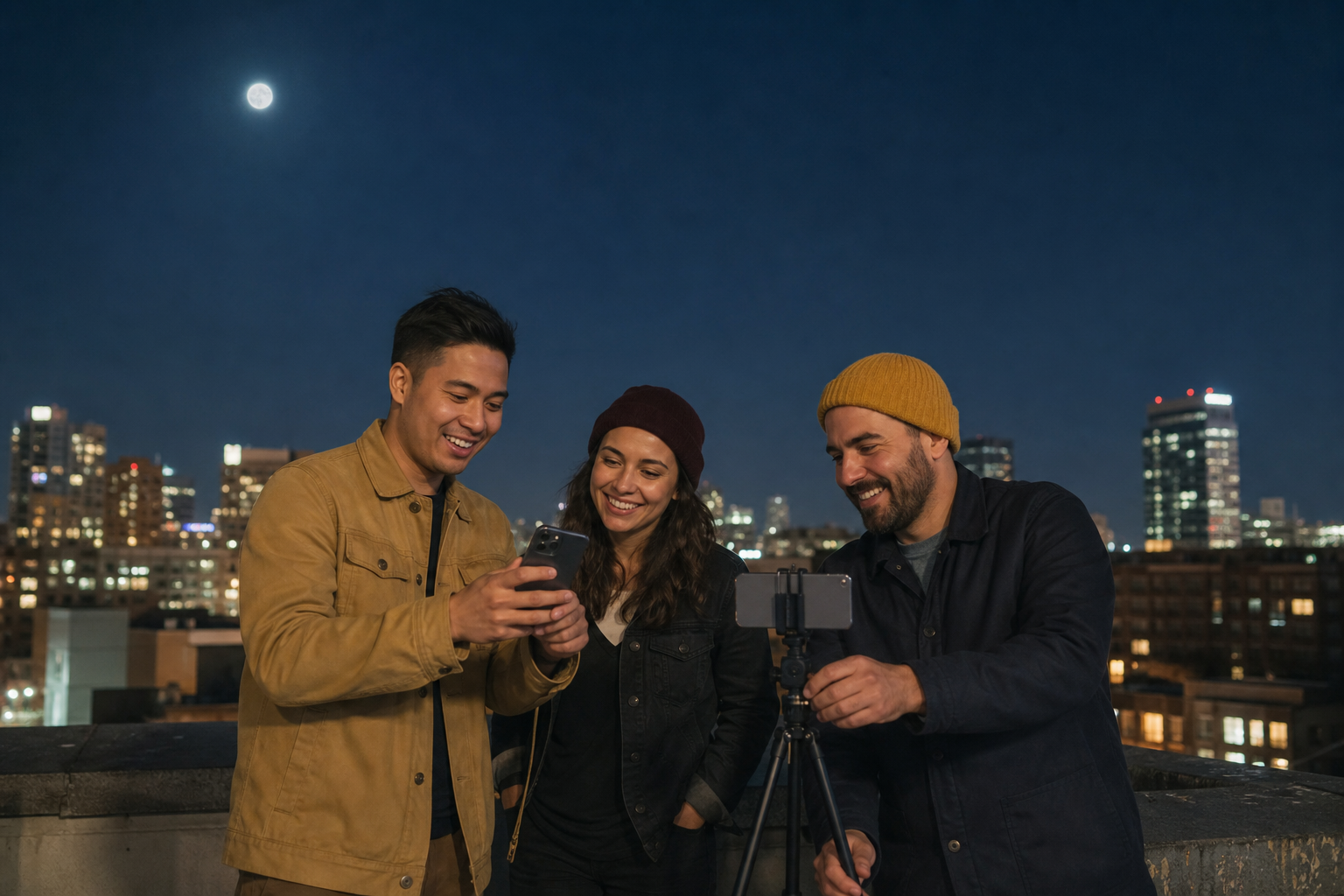 Three friends compare phone Moon photos beside a compact tripod on a city rooftop.
