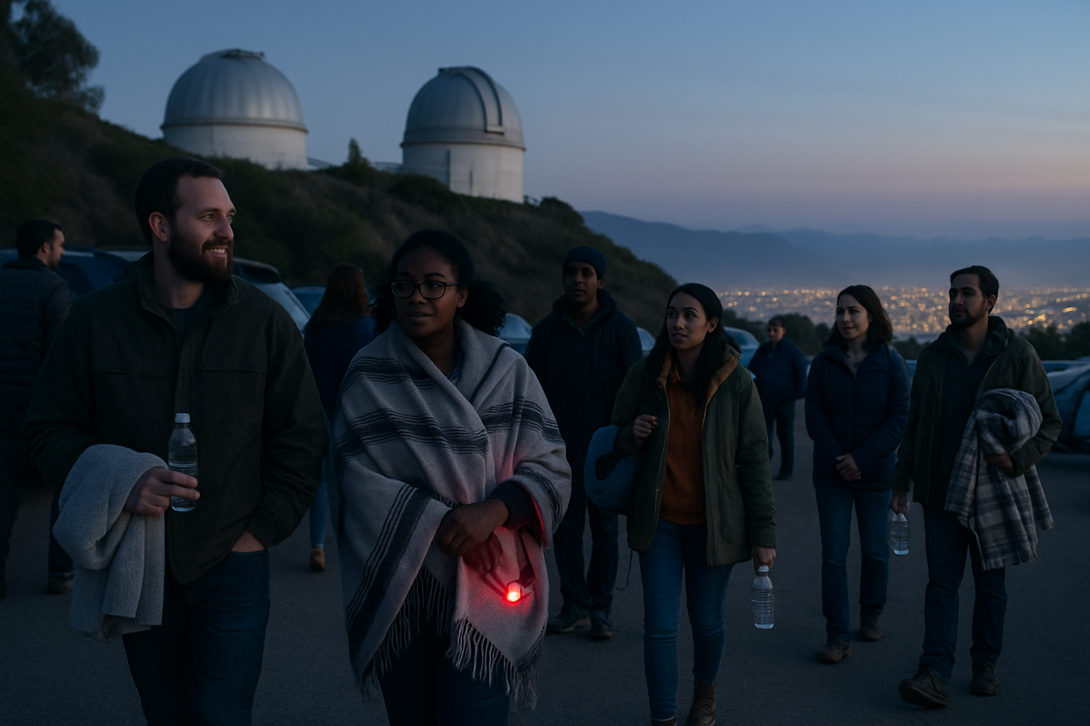 First-time visitors arriving at a mountain observatory parking area at blue hour with the city glow below