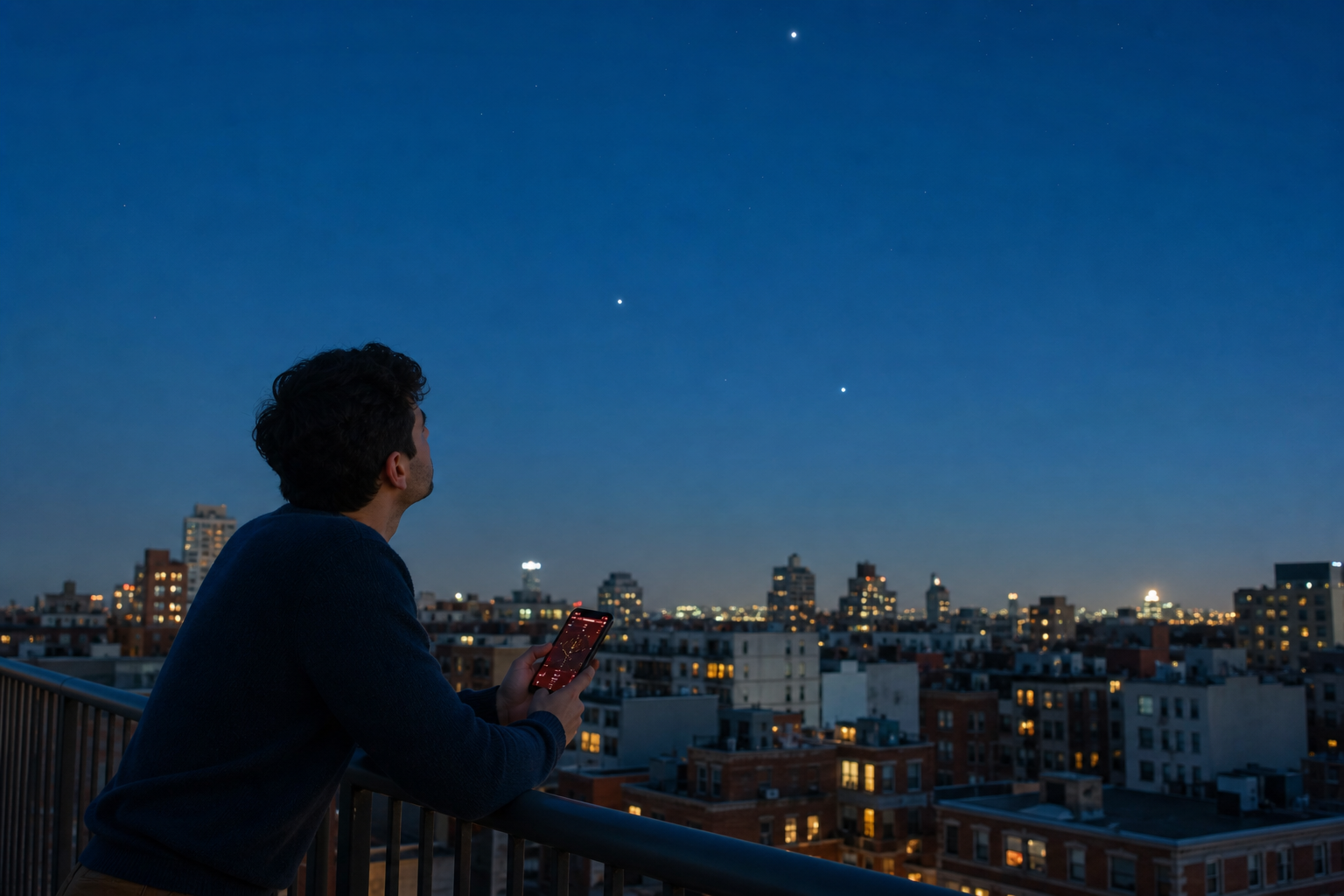 Beginner skywatcher on a city balcony using a dim red phone screen to orient before stars fully emerge