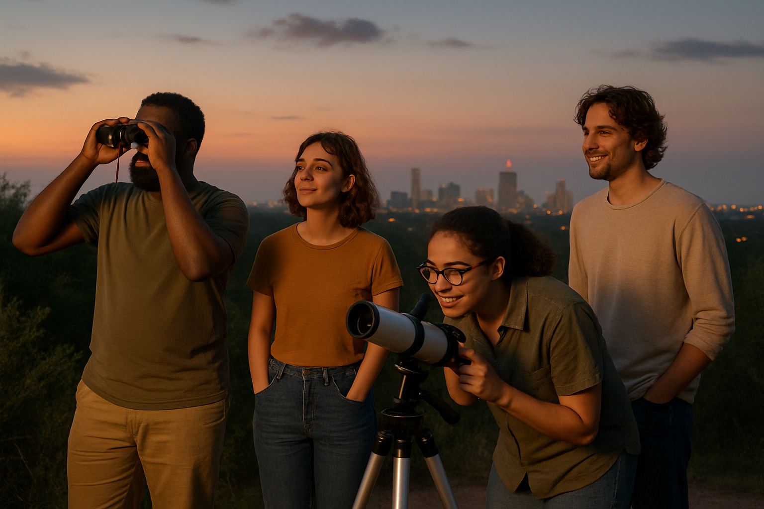 A diverse small group of friends watching the long solstice twilight from a city overlook