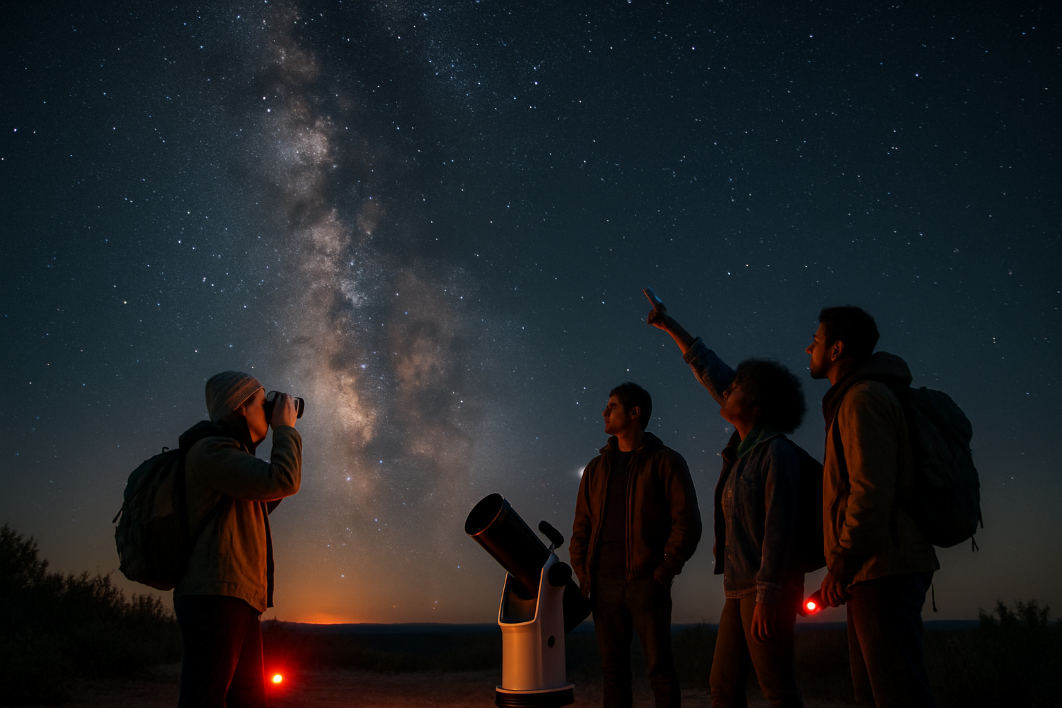 A diverse small group of friends at a dark-sky overlook with binoculars, a compact Dobsonian, and the Milky Way rising overhead