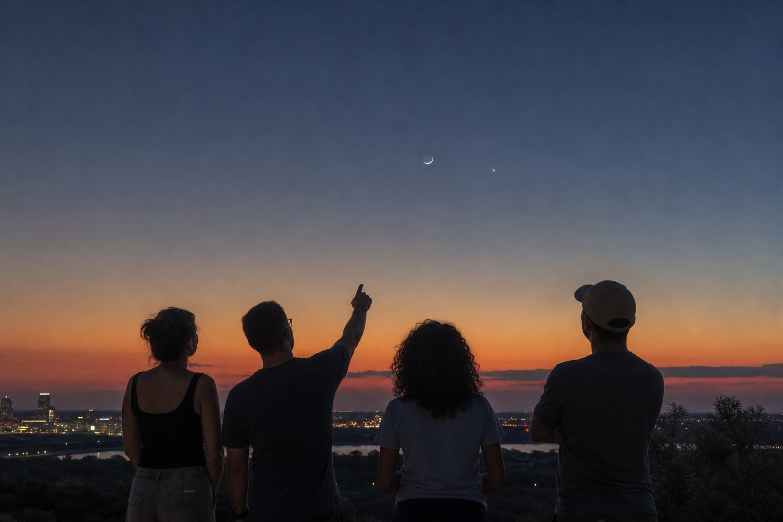 Four adult friends observing the young crescent Moon and Venus above an Austin twilight horizon