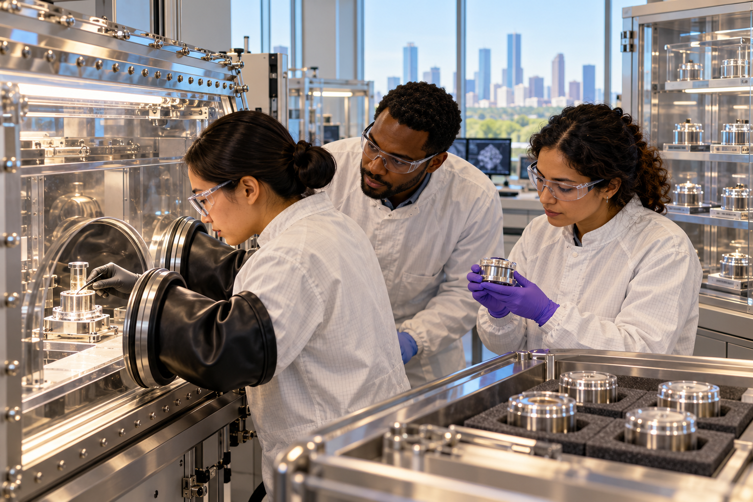 Scientists collaborate around protected extraterrestrial sample containers in a modern curation laboratory.