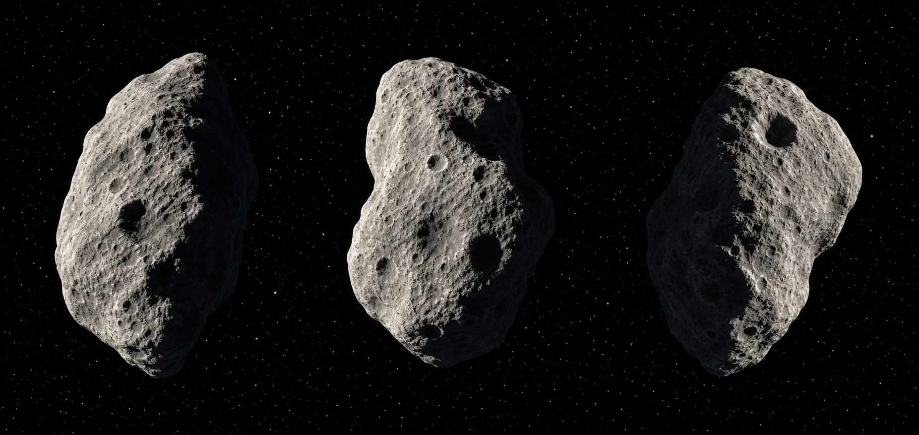 Three views of the same irregular asteroid at different rotation angles