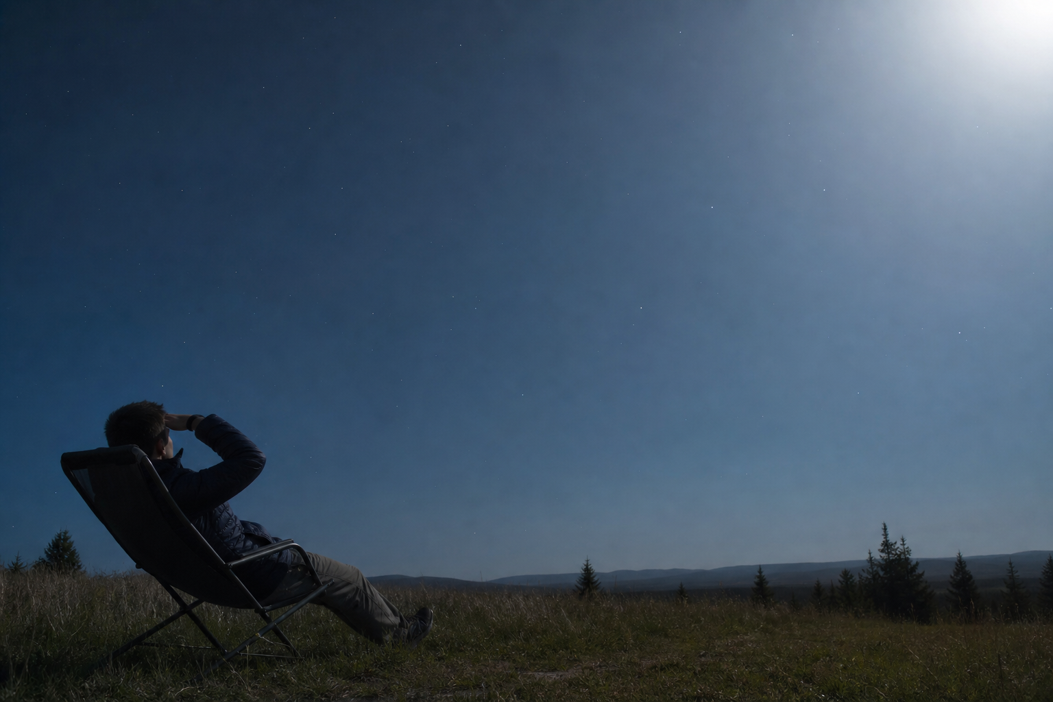 Moonlit observer shielding their eyes from glare while watching the sky