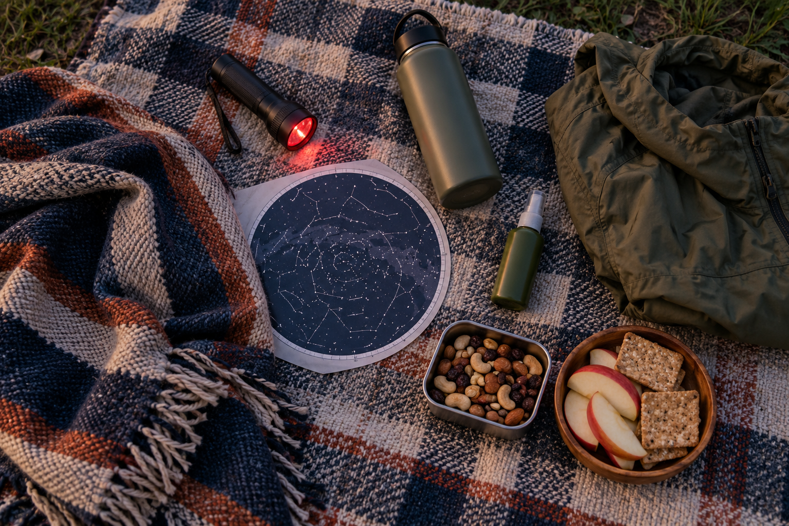 A simple stargazing picnic pack list with a red flashlight, water, layers, snacks, and a paper star chart