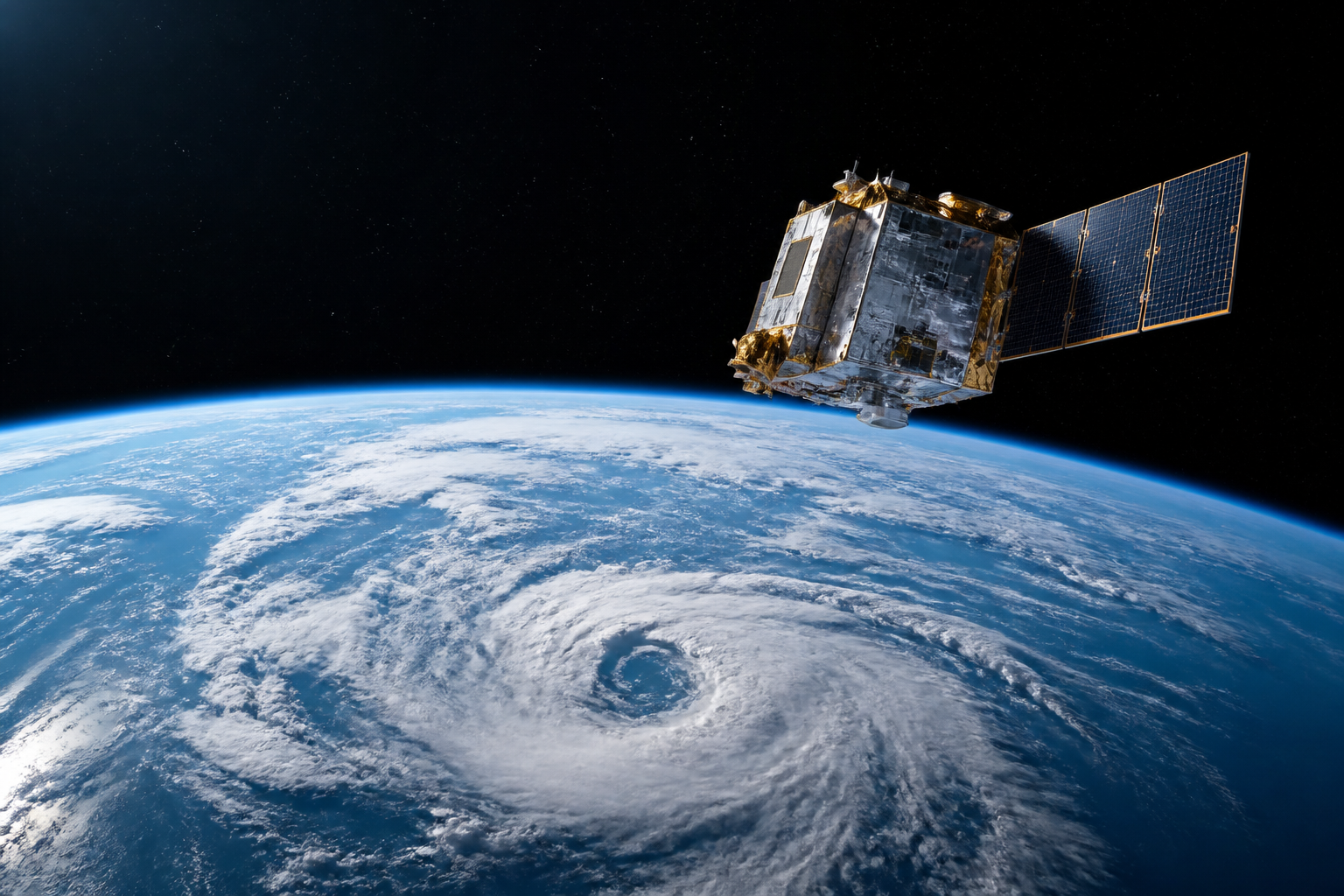 Weather-observation satellite above Earth with a swirling storm system