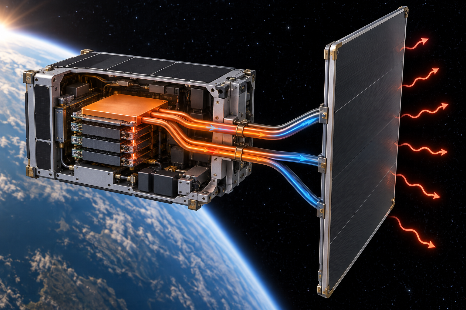 Conceptual cutaway of heat pipes moving heat from a compact compute module to a space radiator.